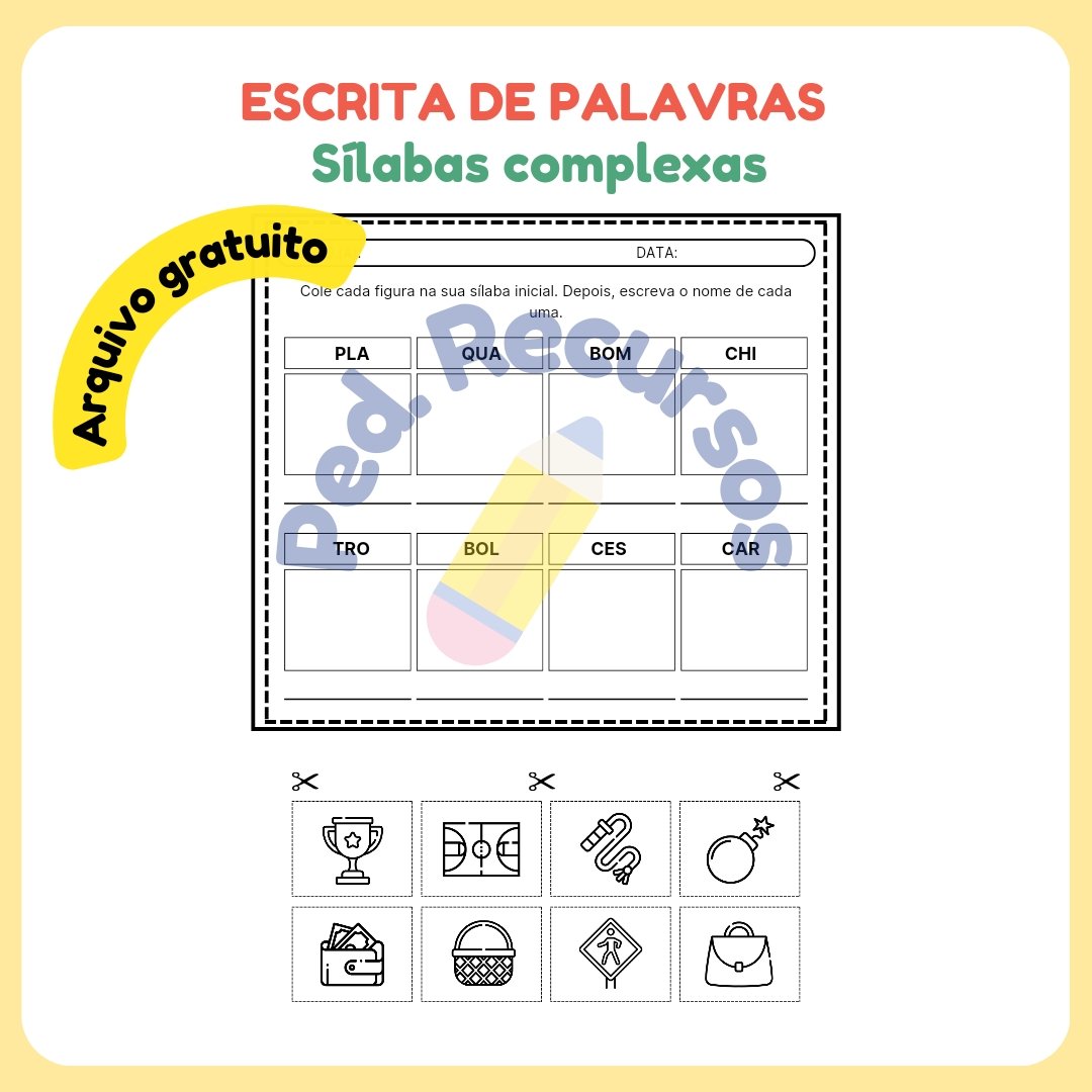 Atividade de alfabetização para imprimir. Escrita de palavras com sílabas complexas.